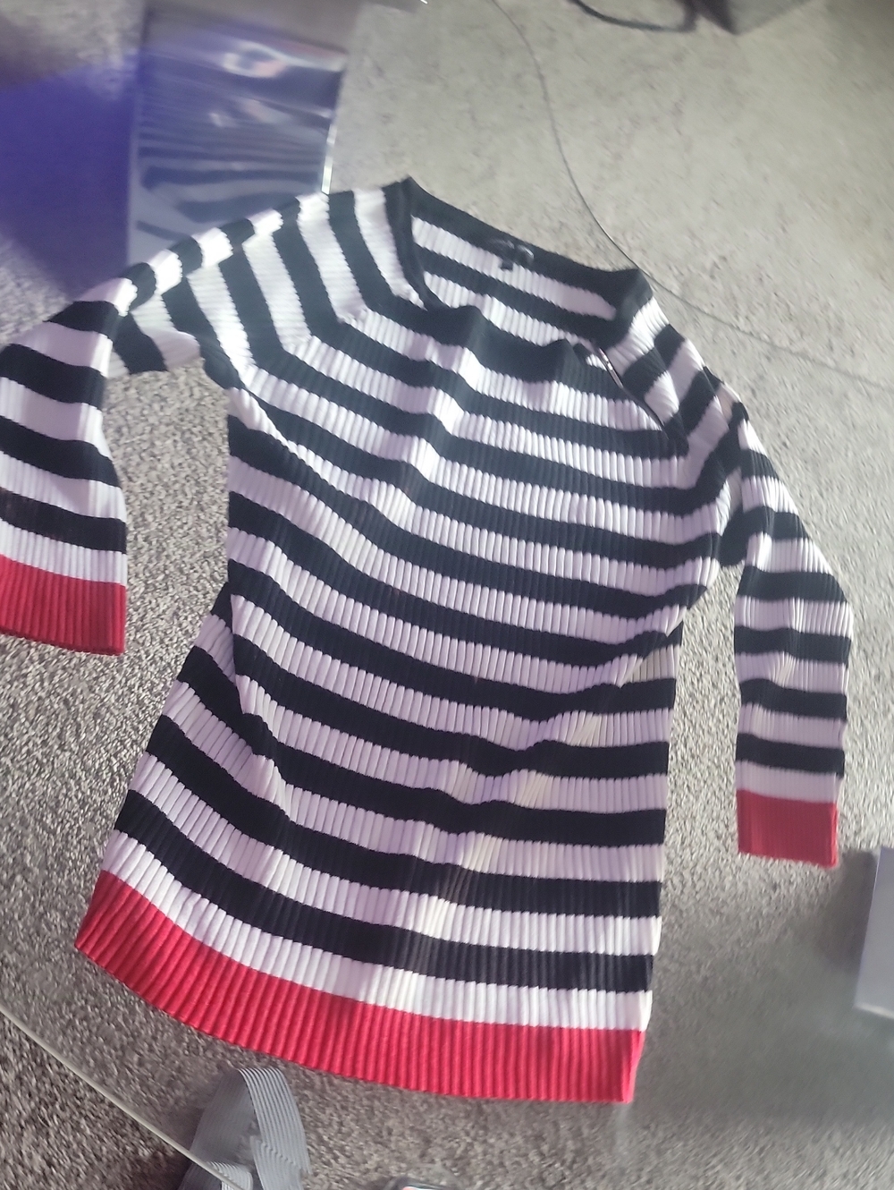 Cable & Gauge Black, White and Red Striped Ribbed Crew Sweater